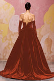 Off The Shoulder Velvet Dark Red A Line Long Evening Dress