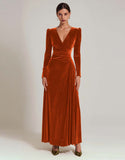 Olive Velvet Long Sleeve A Line Formal Dress