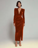 Olive Velvet V Neck Bodycon Midi Formal Dress
