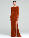 Burgundy Velvet Long Sleeve Holiday Party Dress with Slit