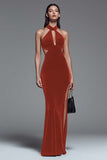 Halter Velvet Dark Green Mermaid Formal Dress with Slit