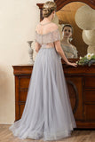 Grey Tulle A Line Beaded Glitter Mother of Bride Dress