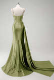 Sparkly Dark Green Mermaid Side Streamer Sequins Corset Satin Prom Dress with Slit