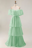 Dark Green Off The Shoulder Tiered A Line Long Bridesmaid Dress