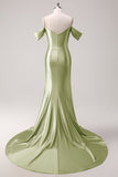 Mermaid Cold Shoulder Sequin Ruched Satin Golden Long Prom Dress