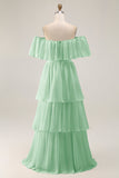 Dark Green Off The Shoulder Tiered A Line Long Bridesmaid Dress