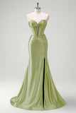 Dark Green Mermaid Strapless Beaded Corset Keyhole Satin Prom Dress with Slit