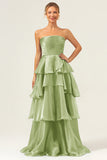 Blue A-Line Strapless Tiered Pleated Ruffled Floor Length Dress