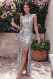 Sparkly Gold Halter Sheath Midi Dress with Slit