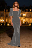 Half Sleeve Mermaid Navy Velvet Formal Dress