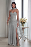 Strapless Ruched A Line Dusty Sage Evening Dress with Slit