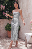 Sparkly Sheath Gold Spaghetti Straps Midi Dress