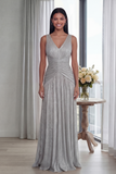 Ruched Dusty Rose A Line V Neck Evening Dress