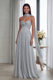 Strapless Sky Blue Ruched A Line Evening Dress