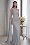 Navy One Shoulder Ruched Memaid Evening Dress