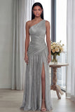 Gold One Shoulder Ruched A Line Evening Dress