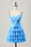 Cute Light Yellow Strapless Tiered A Line Short Prom Dress with Bow