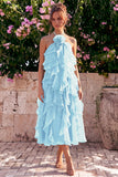 Lake Blue A Line 3D Flower Wedding Guest Dress with Ruffles