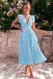 Dusty Rose V Neck A Line Pleated Midi Wedding Guest Dress