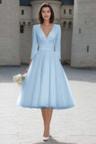 Ivory V-Neck A-Line Midi Engagement Dress With 3/4 Sleeves