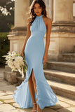 Dusty Sage Mermaid Halter Ruched Long Bridesmaid Dress With Slit