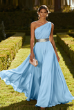 One Shoulder Olive A Line Long Wedding Guest Dress