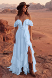 Off the Shoulder Ruffle A Line Ivory Long Wedding Dress with Slit