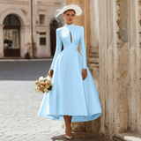 Long Sleeve A Line Satin Cut Out Ivory Wedding Dress