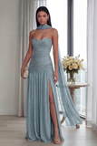 Strapless Ruched A Line Dusty Sage Evening Dress with Slit