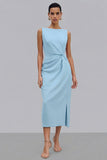Orange Bateau Neck Sheath Ruched Midi Work Dress With Slit