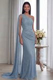 Navy One Shoulder Ruched Memaid Evening Dress