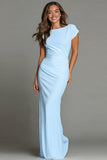 Navy Sheath Short Sleeve Bateau Neck Long Formal Dress