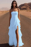 Strapless Ivory A Line Ruffled Long Wedding Dress with Slit