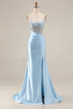 Mermaid Corset Beaded Pink Satin Prom Dress