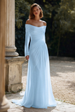 Off The Shoulder Long Sleeve Ivory Engagement Dress With Pleats