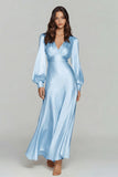 Champagne Long Sleeve V Neck Satin Formal Dress