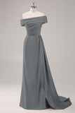 Champagne Mermaid Off the Shoulder Satin Evening Dress with Streamer