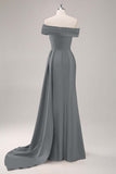 Champagne Mermaid Off the Shoulder Satin Evening Dress with Streamer
