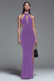 Halter Velvet Dark Green Mermaid Formal Dress with Slit