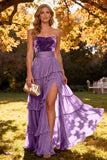 Strapless Khaki A Line Tiered Long Wedding Guest Dress With Slit