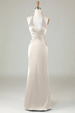 Dark Green Halter V Neck Open Back Satin Mermaid Long Bridesmaid Dress