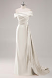 Champagne Mermaid Off the Shoulder Satin Evening Dress with Streamer