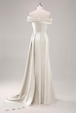 Champagne Mermaid Off the Shoulder Satin Evening Dress with Streamer