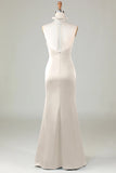 Dark Green Halter V Neck Open Back Satin Mermaid Long Bridesmaid Dress