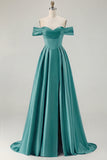 Blue Off the Shoulder A Line Satin Bridesmaid Dress