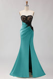 Black Green Mermaid Strapless Lace Ruched Long Prom Dress With Slit