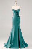 Royal Blue Mermaid Sweetheart Beaded Corset 3D Flower Long Prom Dress with Slit