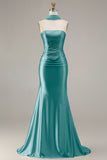 Champagne Beaded Neck Scarf Mermaid Prom Dress
