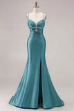 Mermaid Satin Fuchsia Ruched Spaghetti Straps Long Prom Dress with Slit