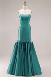 Mermaid Fuchsia Satin Strapless Long Prom Dress with 3D Flowers